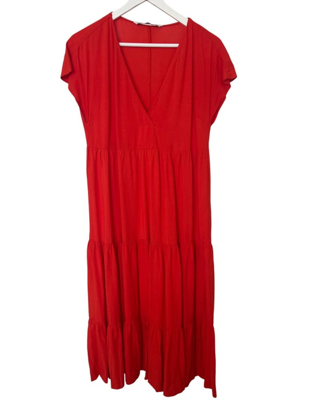 Zara Tiered Midi Dress Red Orange V-Neck Lightweight Linen Blend - Picture 2 of 4